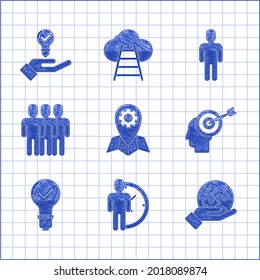 Set Location job, Time Management, Piece of puzzle in hand, Head hunting concept, Light bulb check mark, Users group, man business suit and  icon. Vector