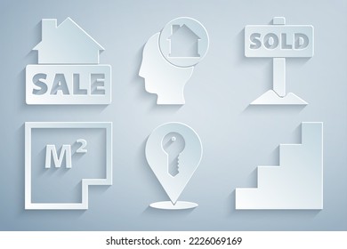 Set Location key, Hängezeichen mit Text Sold, House Plan, Treppe, Man träumt von Haus kaufen und verkaufen Symbol. Vektorgrafik