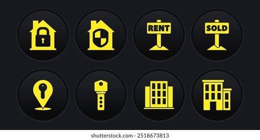 Defina a chave de localização, Sinal de suspensão com texto Vendido, Casa, Aluguel, sob proteção e ícone. Vetor