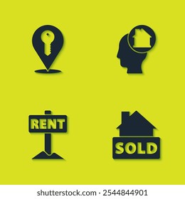 Set Location key, Hanging sign with text Sold, Rent and Man dreaming about buying house icon. Vector