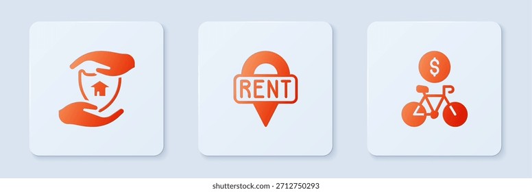 Set llave de Locación, casa con escudo y App móvil de alquiler de bicicletas. Botón cuadrado blanco. Vector