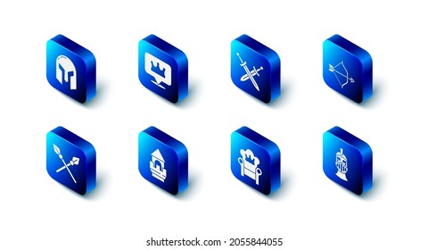 Set Location king crown, Crossed medieval sword, Medieval bow and arrow, iron helmet, throne, Castle tower, spears and  icon. Vector