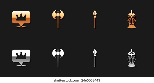 Conjunto de Locación rey corona, hacha medieval, lanza y casco de hierro icono. Vector