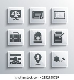 Set Location law, Ball chain, Document and pen, Flasher siren, Prisoner, Briefcase, Scales of justice and Safe icon. Vector