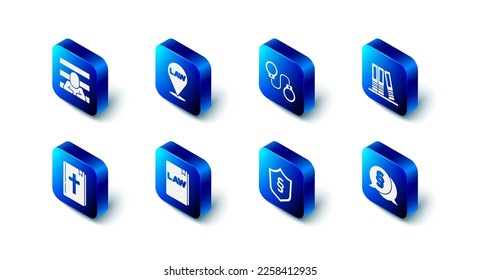 Set Location law, Handcuffs, Office folders, Law, Justice in shield, book, Holy bible and Prisoner icon. Vector