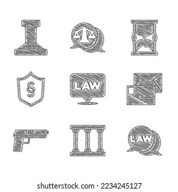 Set Location law, Prison window, Law, Envelope, Pistol or gun, Justice shield, Old hourglass and Stamp icon. Vector