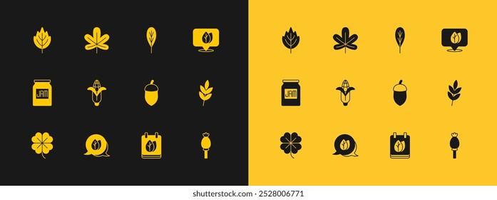 Set Location with leaf, Leaf, Acorn, Calendar autumn leaves, Corn,  and Chestnut icon. Vector