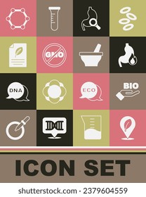 Set Location with leaf, Bio healthy food, Stomach heartburn, magnifying glass, No GMO, Eco paper, Molecule and Mortar and pestle icon. Vector