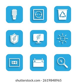 Set Location with leaf, Car battery, Lightning bolt, Solar energy panel, Electrical outlet, Shield, Recycle bin recycle and LED light bulb icon. Vector