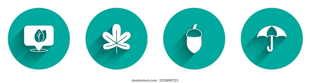 Set Location with leaf, Chestnut, Acorn and Umbrella icon with long shadow. Vector
