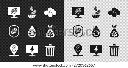 Set Location with leaf, Earth globe and plant, Cloud rain, Lightning bolt, Trash can, Shield and Recycle clean aqua icon. Vector