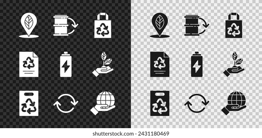 Set Location with leaf, Eco fuel barrel, Paper bag recycle, Refresh, Hand holding Earth globe,  and Battery icon. Vector