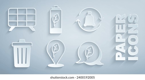 Set Location with leaf, Garbage bag recycle, Trash can, Leaf Eco symbol, nature battery and Solar energy panel icon. Vector