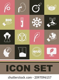 Set Location with leaf, Hand holding Earth globe, Plant hand, Petri dish pipette, Test tube flask, Bio healthy food, Leaf or leaves and Bacteria icon. Vector