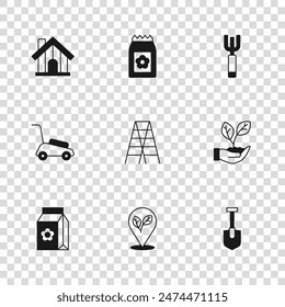 Set Location with leaf, Leaf in hand, Shovel, Wooden staircase, Garden pitchfork, Farm house, Pack full of seeds and Lawn mower icon. Vector