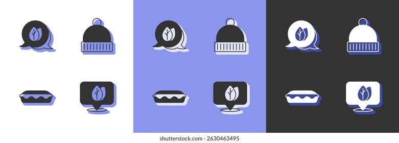 Set Location with leaf, Leaf, Homemade pie and Winter hat icon. Vector