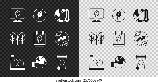 Set Location with leaf, Recycle symbol, Earth melting to global warming, Plant recycling garbage, Hand holding globe, bin, Tree and Calendar autumn leaves icon. Vector