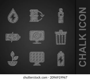 Set Location with leaf, Solar energy panel, Battery, Trash can, Earth globe and plant, Bottle of water and Water icon. Vector