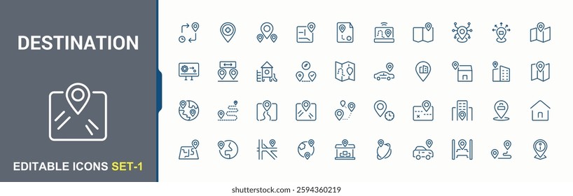 Set of Location line icons. It contains symbols to destination, mark, road, mobile, app, global and more. Isolated icon. Minimal icon collections.