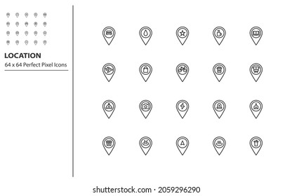 set of location line icons, map, navigation