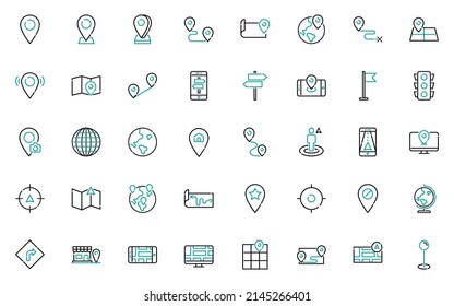 conjunto de iconos de línea de ubicación, mapa, gps