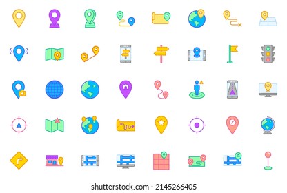 set of location line icons, map, gps