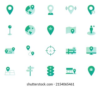 set of location line icons, map, direction, globe, destination