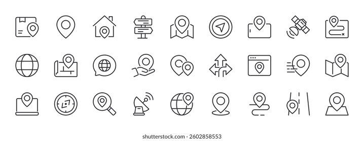 Set of Location Line Icons. Map, Navigation, Compass, Destinaiton. Editable Stroke. Pixel Perfect.