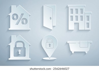 Set Location lock, House, under protection, Bathtub, Closed door and with percant discount icon. Vector