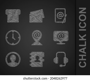 Set Location and mail and e-mail, Address book, Headphones, Mail, Create account screen, Clock,  and Envelope icon. Vector