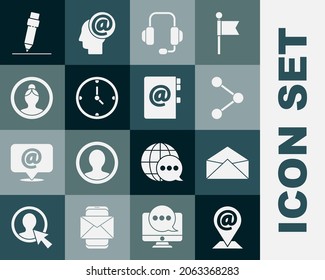 Set Location and mail and e-mail, Envelope, Share, Headphones, Clock, Create account screen, Pencil with eraser and Address book icon. Vector