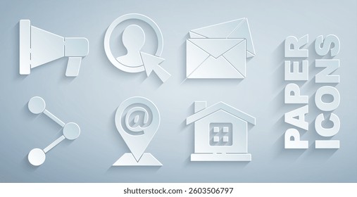 Set Location and mail and e-mail, Envelope, Share, House, Create account screen and Megaphone icon. Vector