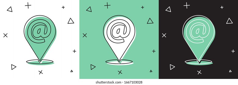 Set Location and mail and e-mail icon isolated on white and green, black background. Envelope symbol e-mail. Email message sign.  Vector Illustration