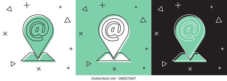 Set Location and mail and e-mail icon isolated on white and green, black background. Envelope symbol e-mail. Email message sign.  Vector Illustration