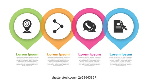 Defina o local, o e-mail e o e-mail, o compartilhamento, o telefone com bate-papo de balão e o documento e cursor. Modelo de infográfico comercial. Vetor
