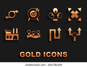 Set Location, Many ways directional arrow, Arrow, Factory, Pie chart infographic,  and Target icon. Vector