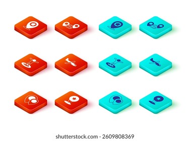 Set Location, Map pointer with star, person, Plane, Route location and house icon. Vector