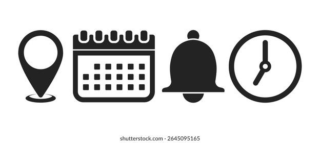  Set of location map,schedule,notification and time silhouette design in flat style sign icon collection