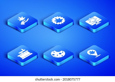Establecer ubicación y marihuana, hoja de marihuana o cannabis, Cookies con, triturador manual e icono Monitor. Vector