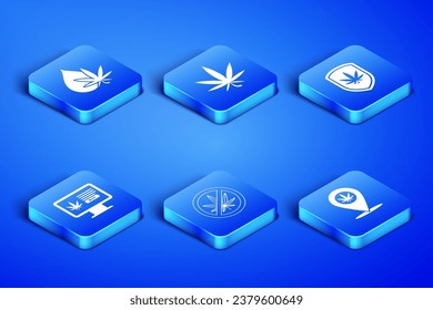 Establecer ubicación y marihuana, aceite de hoja de marihuana o cannabis, Alto, Compras en línea e icono Escudo. Vector
