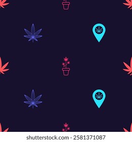 Set Location and marijuana, Marijuana or cannabis leaf, plant in pot and  on seamless pattern. Vector