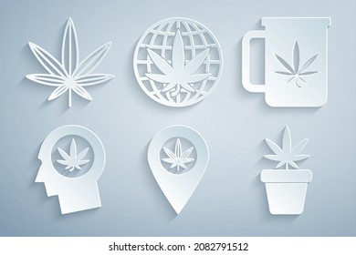 Set Location and marijuana, Cup tea with, Head in profile, Marijuana plant pot, Legalize and or cannabis leaf icon. Vector