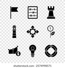 Set Location marker, Abacus, Chess, Pie chart and dollar, Head with lamp bulb, Business lifebuoy, Lighthouse and Project team base icon. Vector