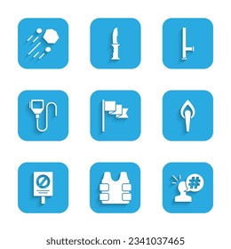 Stellplatzmarker, kugelsichere Weste, Protest, Torchflamme, Walkie-Talkie, Polizei-Gummistopfen und Fliegersteinsymbol. Vektorgrafik