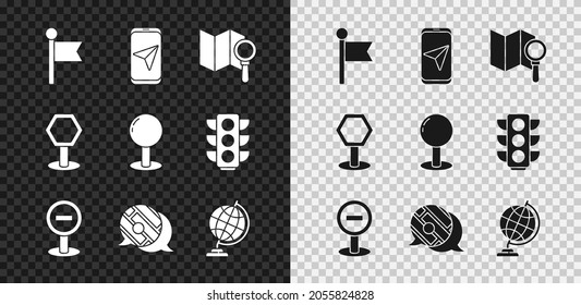 Set Location marker, City map navigation, Search location, Stop sign, Infographic of city, Earth globe, Road traffic and Push pin icon. Vector