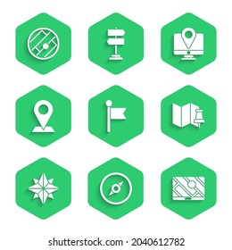 Positionierungsmarker, Kompass, Navigation Stadtplan, mit Push-Pin geflochten, Windrose, Position des Monitors und Symbol. Vektorgrafik