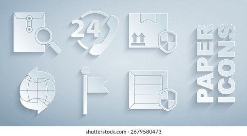 Establecer marcador de Locación, paquete de entrega de seguridad con escudo, en todo el mundo, teléfono 24 horas de Asistencia y sobre icono de lupa. Vector