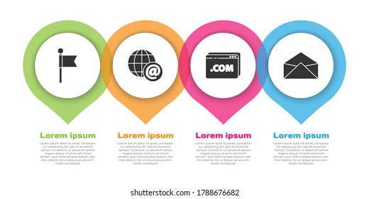 Establecer marcador de ubicación, globo terrestre con correo, plantilla de sitio web y sobre. Plantilla de infografía de negocios. Vector