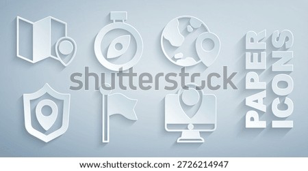 Set Location marker, the globe, shield, Monitor with location, Compass and Folded map icon. Vector