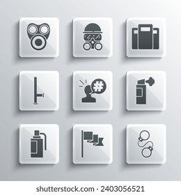 Set Location marker, Handcuffs, Pepper spray, Protest, grenade, Police rubber baton, Gas mask and assault shield icon. Vector